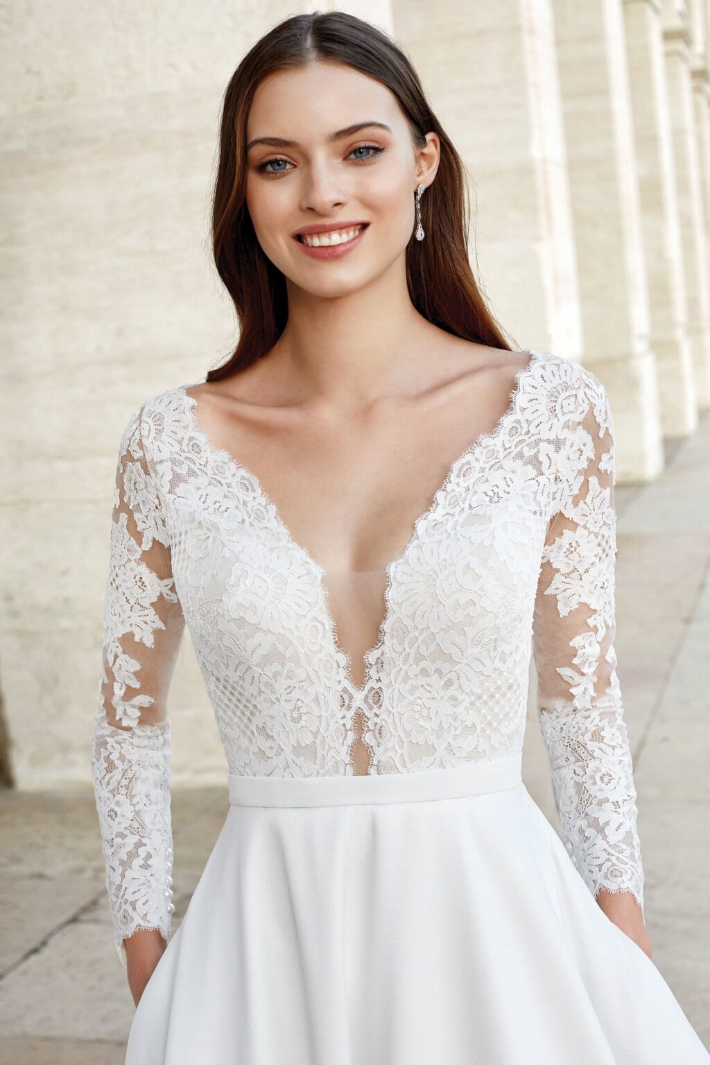 Long Sleeve Gown with Plunging Neckline and Mikado Skirt - εικόνα 1