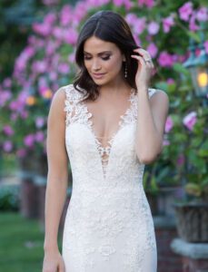 Plunging V-Neck Gown with Lace Applique Open Back