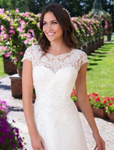 Lace Adorned A-Line Gown with Cap Sleeves