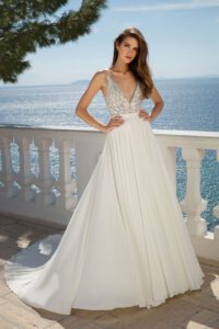Beaded Illusion V-Neckline Bodice with A-Line Chiffon Skirt