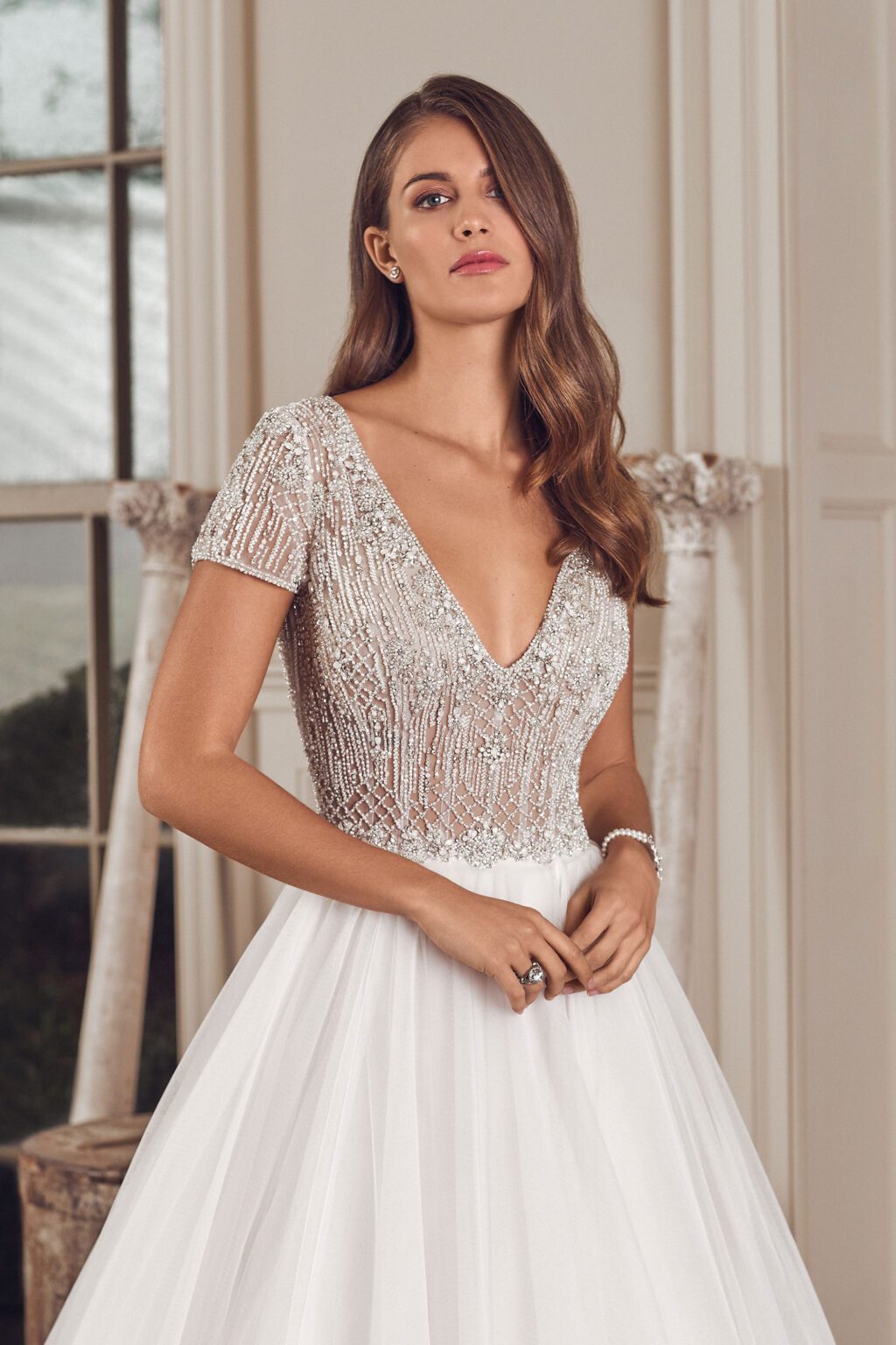Short Sleeve Ball Gown with Fully Beaded Bodice and Keyhole Back - εικόνα 1