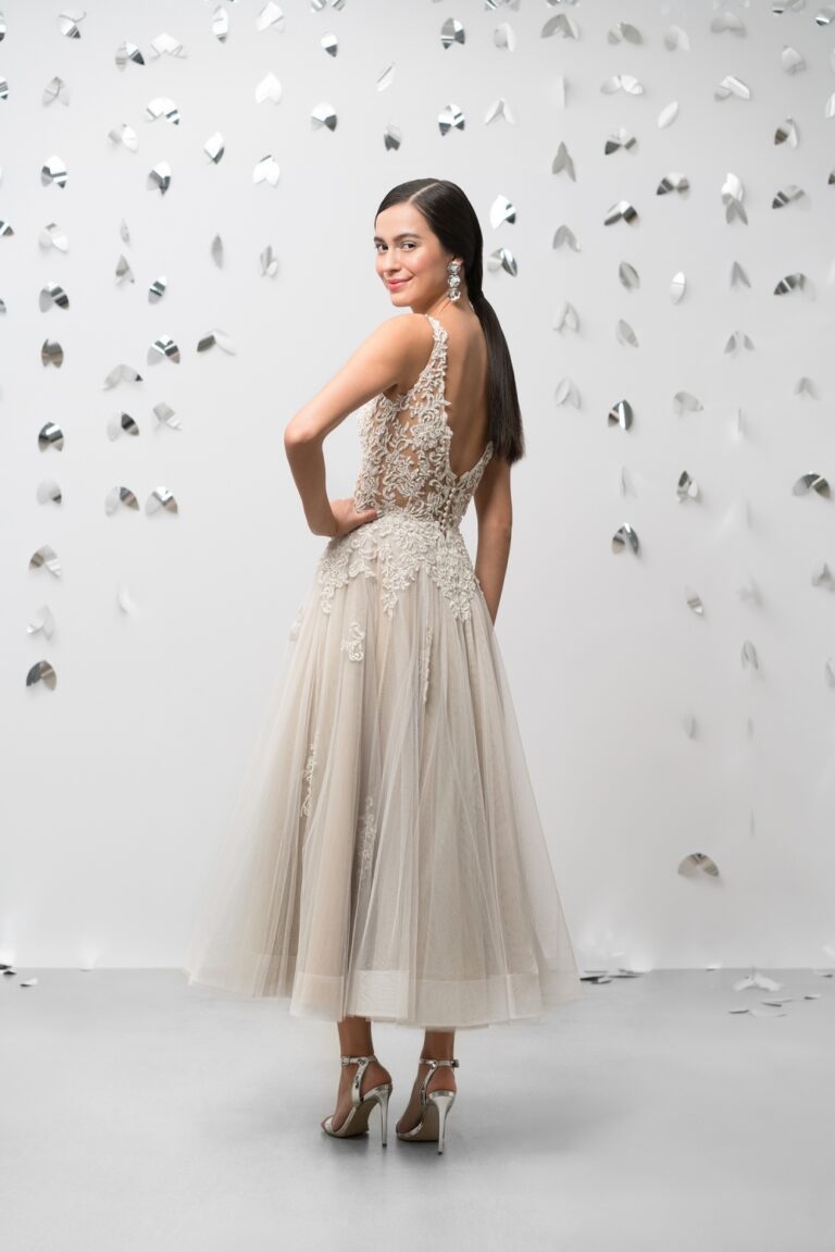 Illusion Beaded Lace Tea Length Layered Ball Gown - εικόνα 6