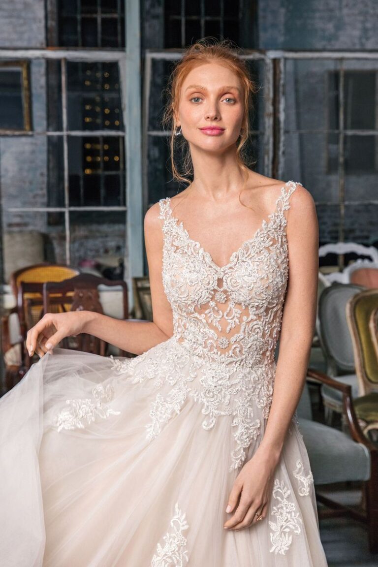 Νυφικό 99010 Illusion Beaded Lace Tea Length Layered Ball Gown