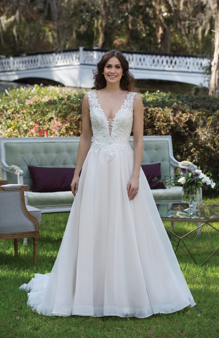 Lace and English Net Ball Gown with Deep V-Neck and Back - εικόνα 7