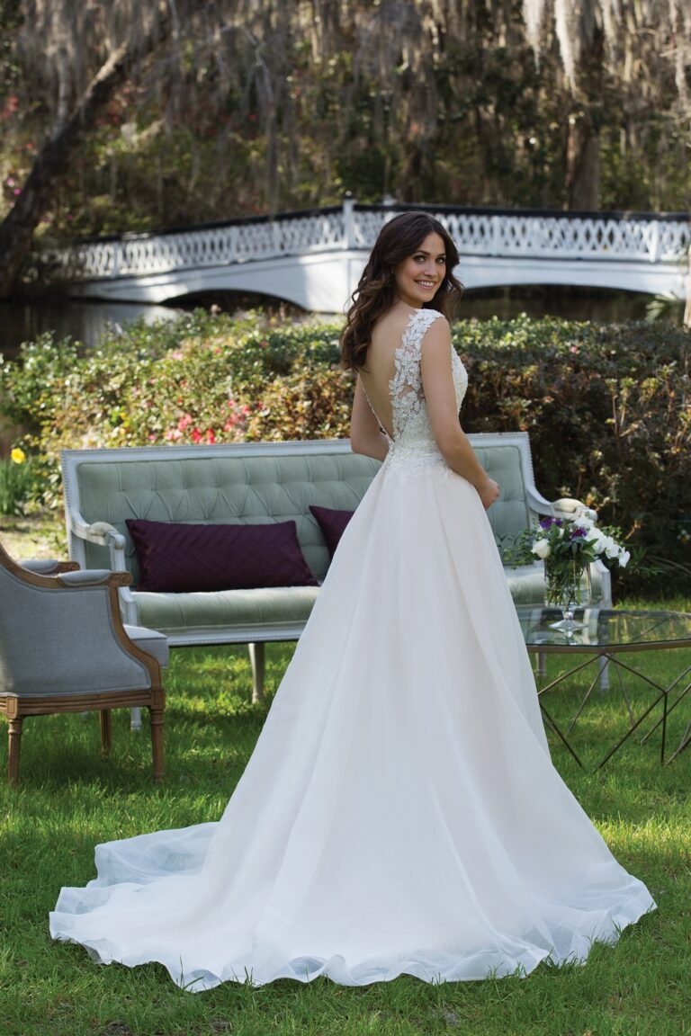 Lace and English Net Ball Gown with Deep V-Neck and Back - εικόνα 5