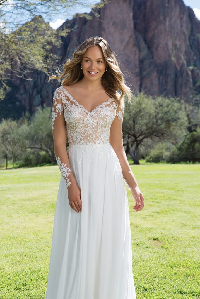 Lace V-Neck Gown with Illusion Sleeves and Keyhole Back - εικόνα 1