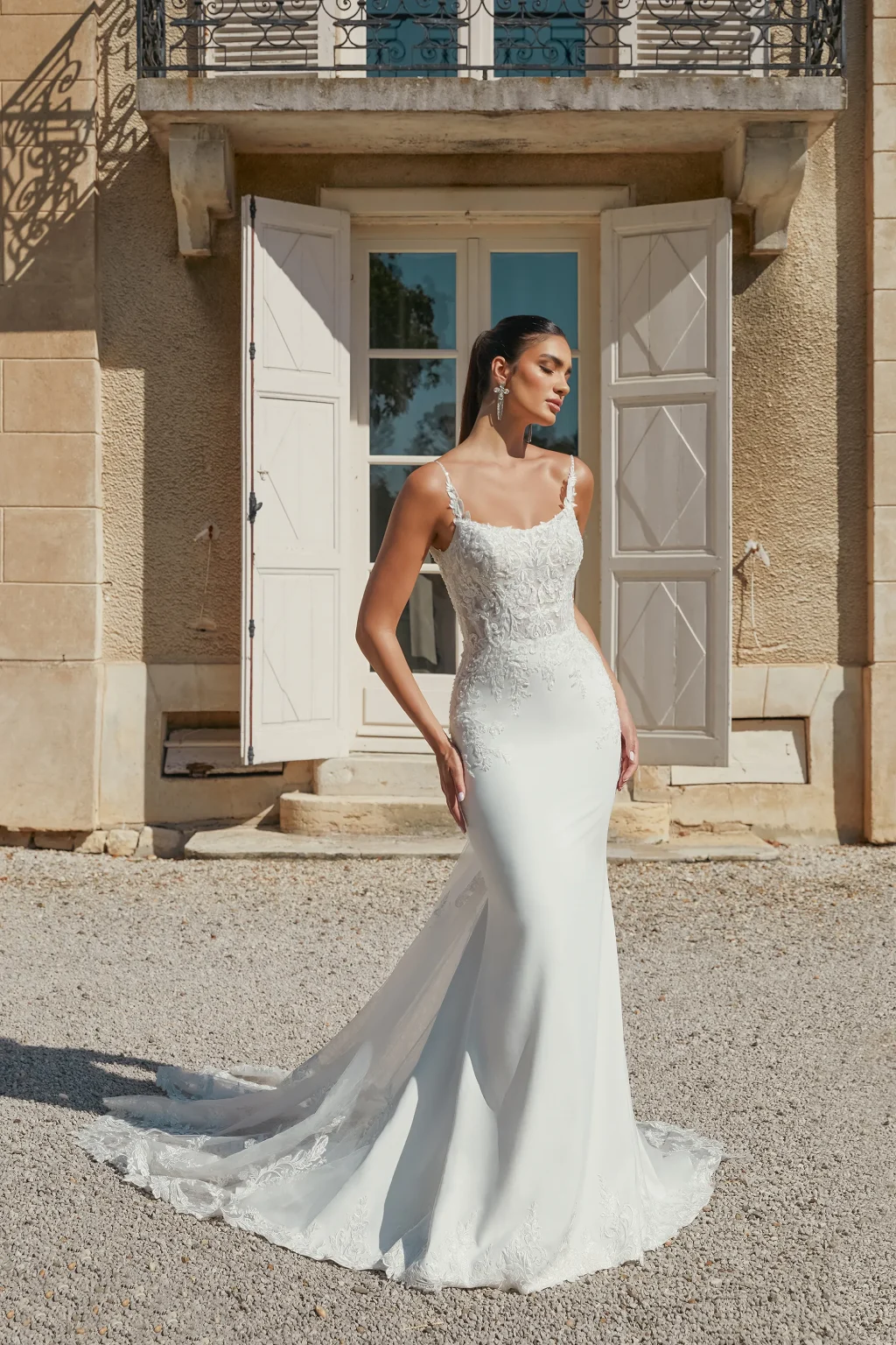 44459 - Crepe Fit and Flare Gown with Scoop Neckline and Beaded Straps - εικόνα 1