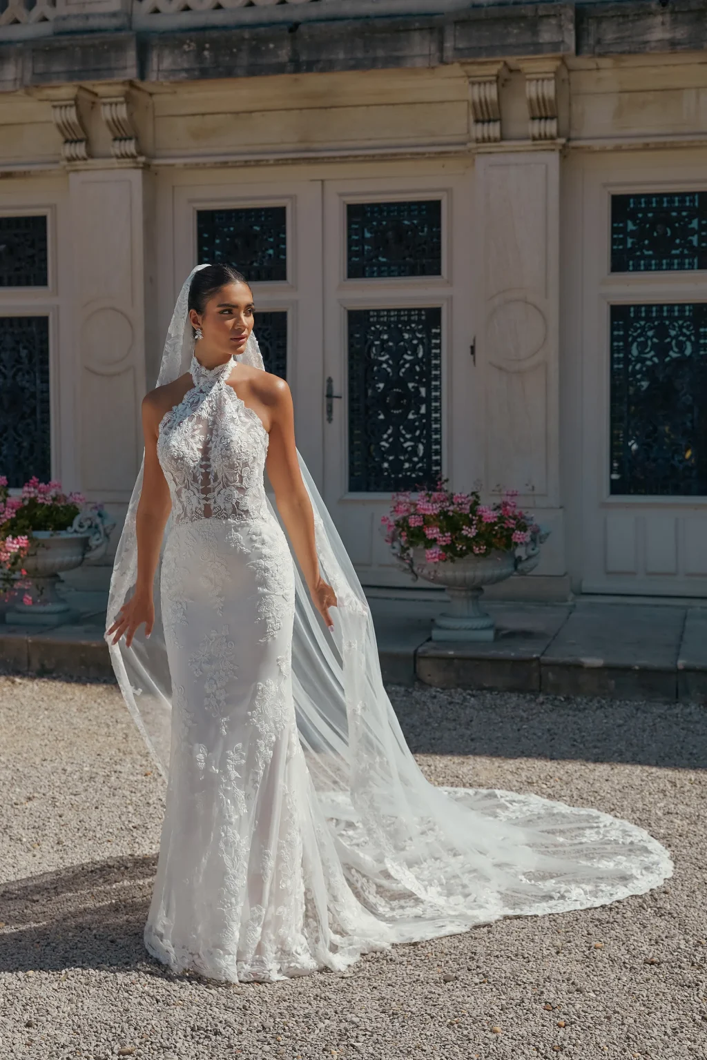 44467 - Fit and Flare Gown with Plunging Halter Neckline with Sheer Bodice - εικόνα 1