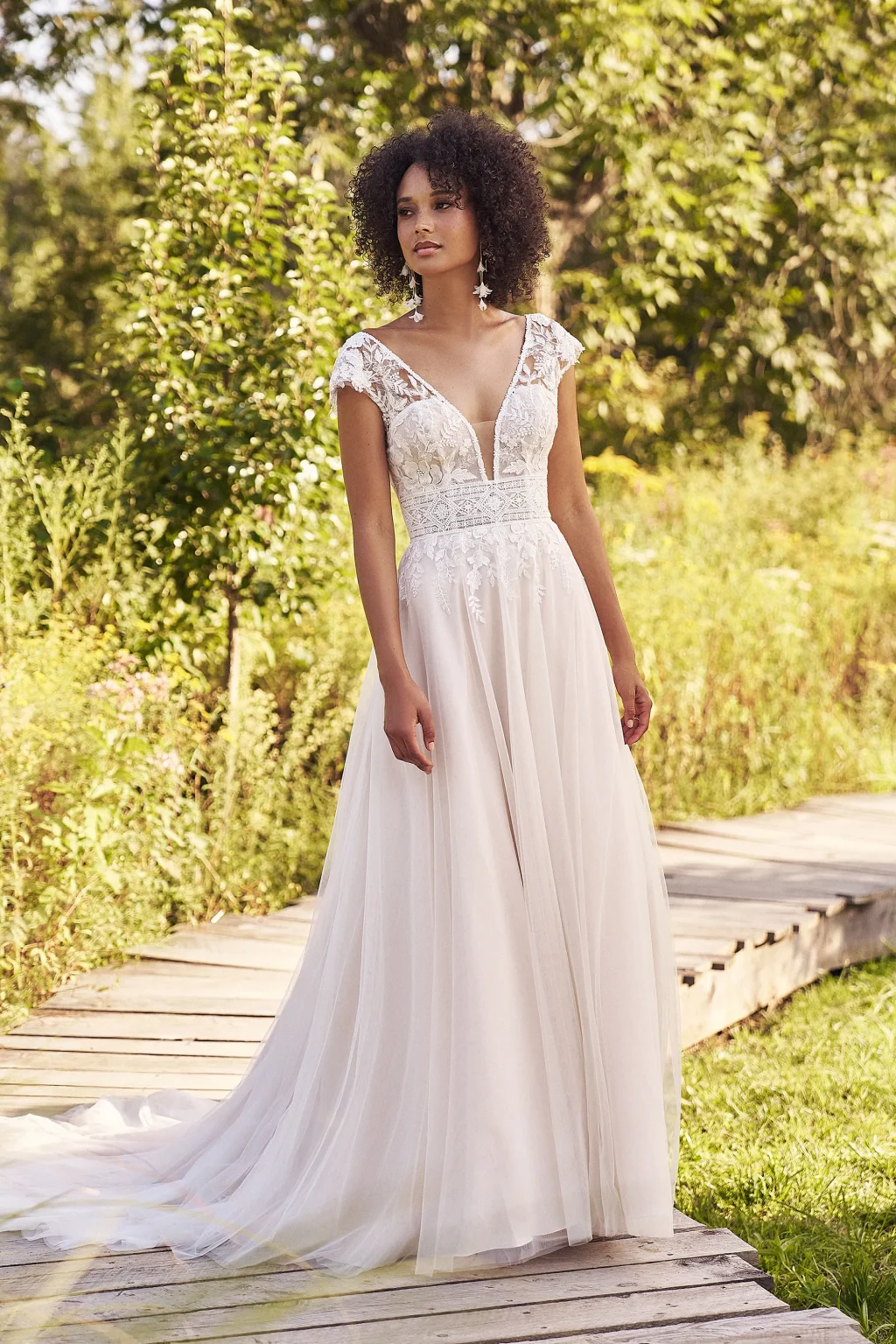 66344 - Tulle A-Line Bridal Dress with Cap Sleeves Matte Lace Appliqués - εικόνα 1