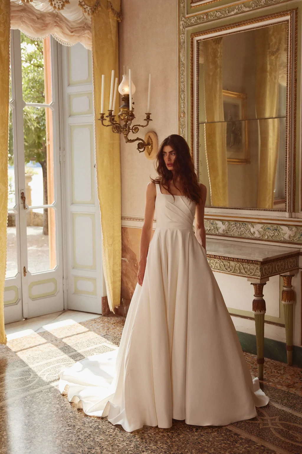 88377 - Satin Ball Gown with Square Neckline and Asymmetric Bodice and Pockets - εικόνα 1