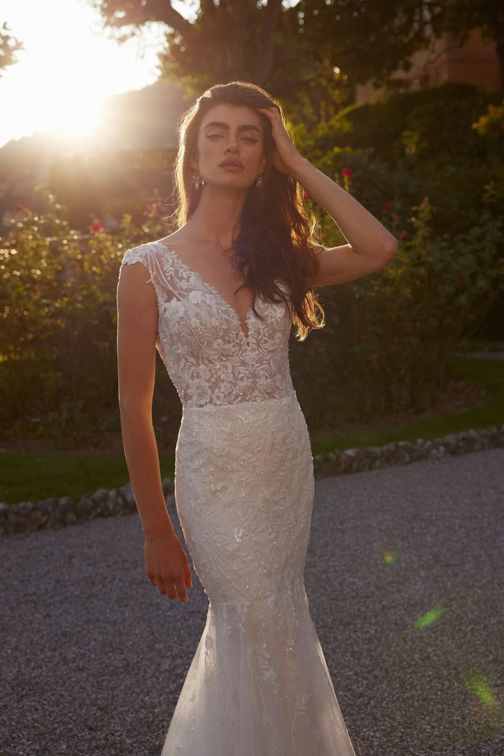 88389 - Beaded Lace Fit and Flare Dress with V-Neckline and V-Back - εικόνα 1