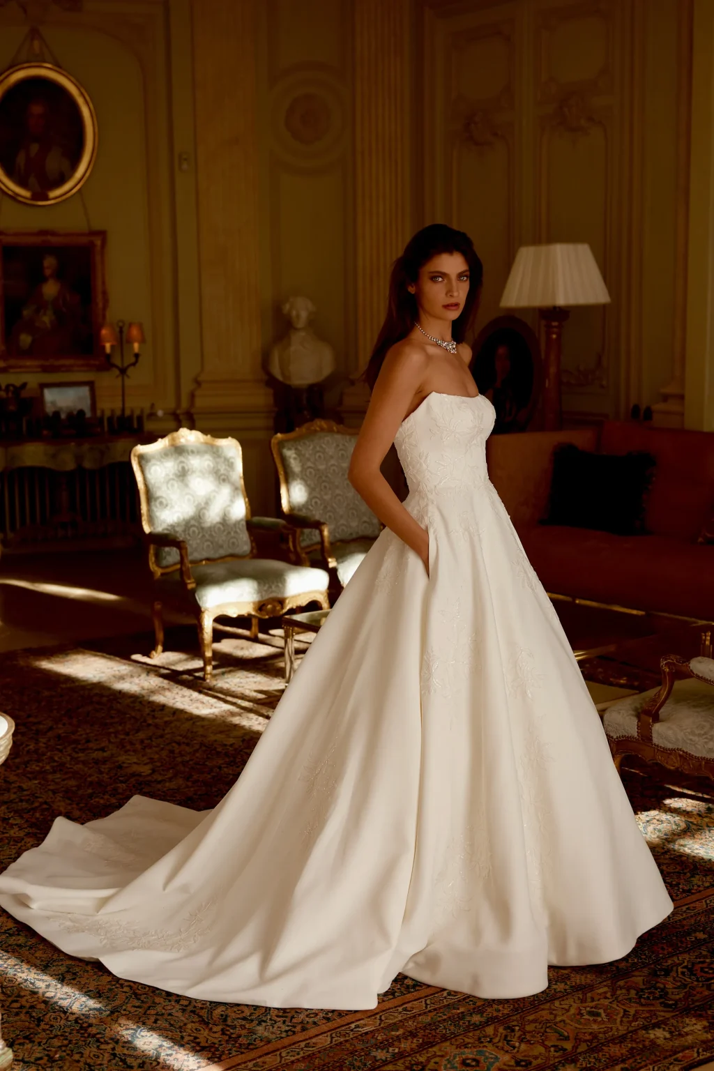 88425 - Satin A-Line Gown with Embroidered Lace and Chapel Length Train - εικόνα 1