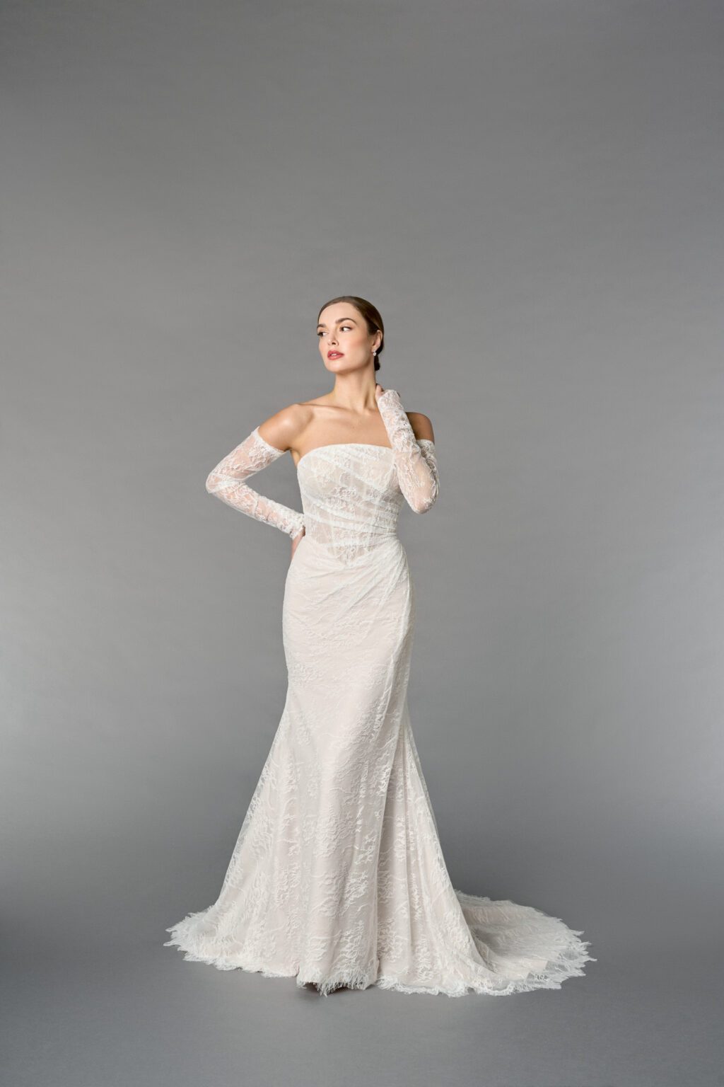 55270 – Εφαρμοστό Fit & Flare από Matte Chantilly Δαντέλα με Κορσάζ & Αποσπώμενα Μανίκια - εικόνα 1