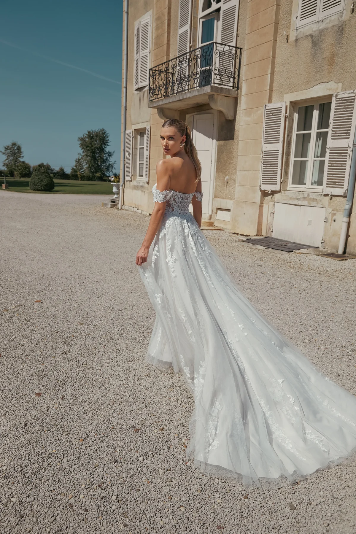 44466 - Off-Shoulder Δαντελένιο A-Line με Illusion Μπούστο & Αέρινη Φούστα - εικόνα 3