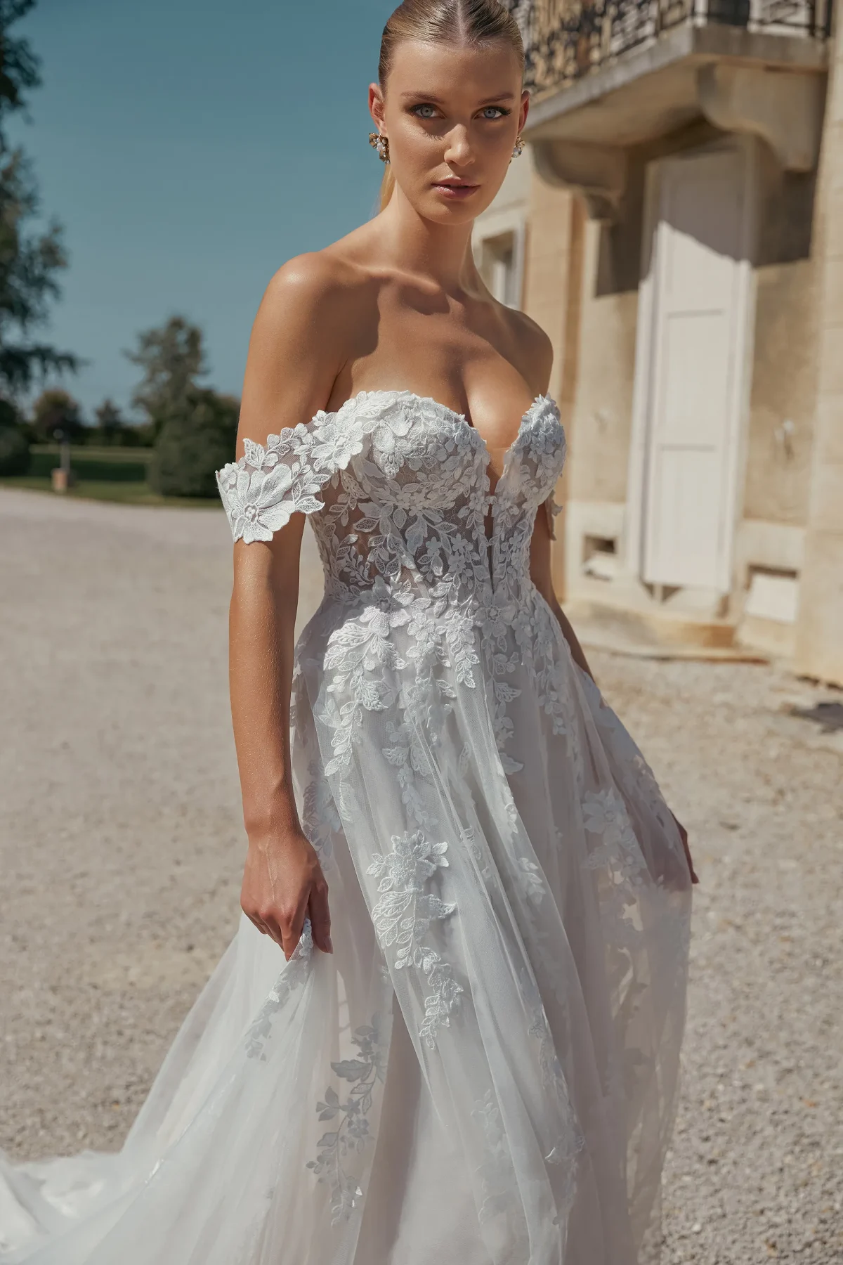 44466 - Off-Shoulder Δαντελένιο A-Line με Illusion Μπούστο & Αέρινη Φούστα - εικόνα 4