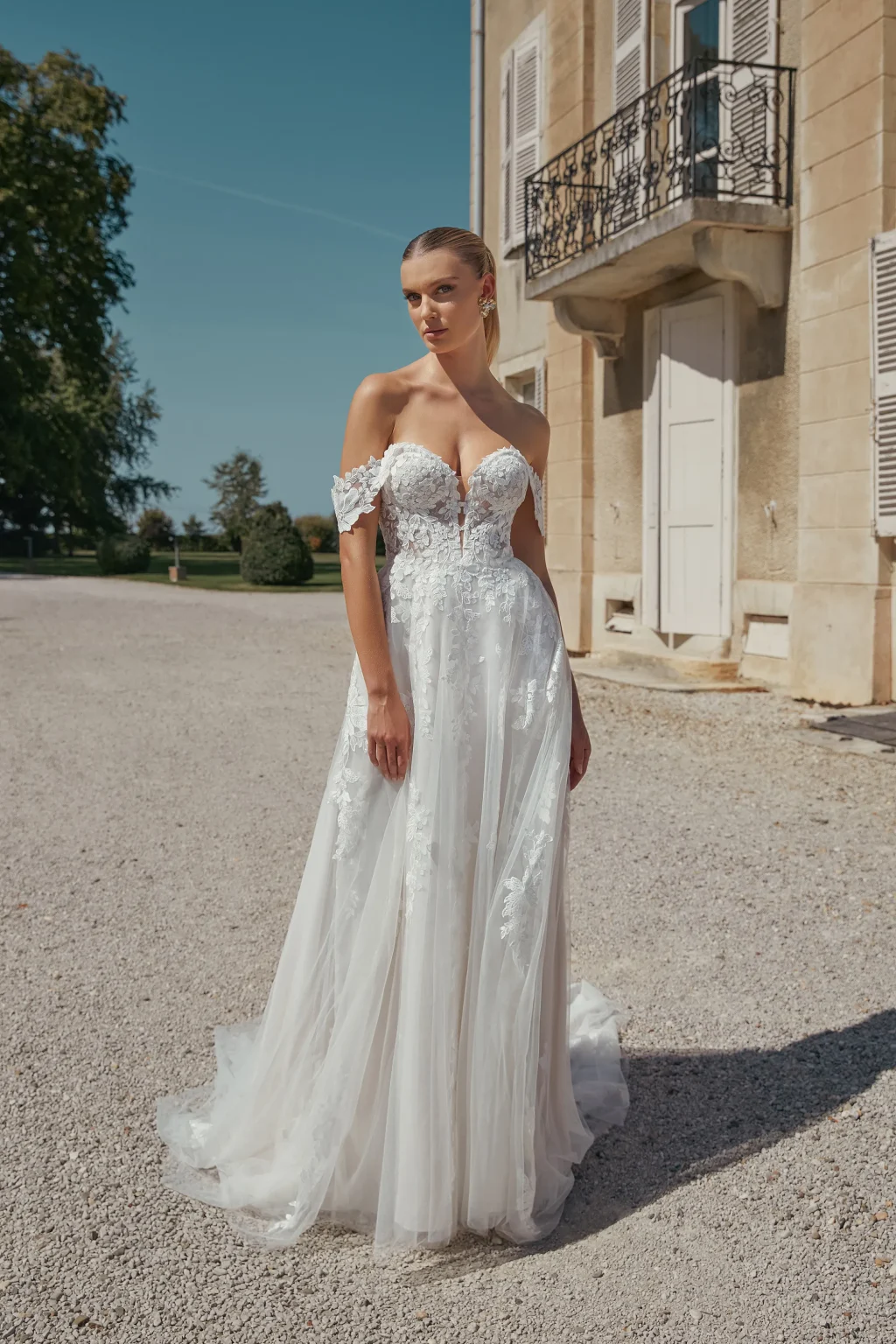 44466 - Off-Shoulder Δαντελένιο A-Line με Illusion Μπούστο & Αέρινη Φούστα - εικόνα 1
