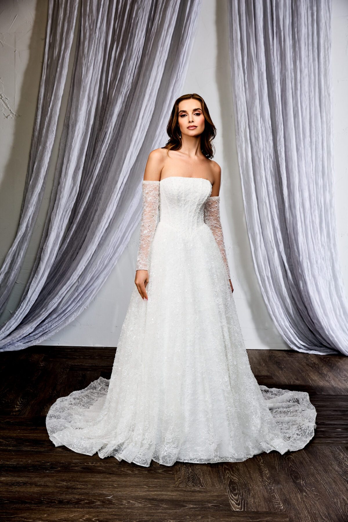 55295 - A-Line Νυφικό με Sparkling Chantilly Lace, Basque Μέση & Πέρλες - εικόνα 6