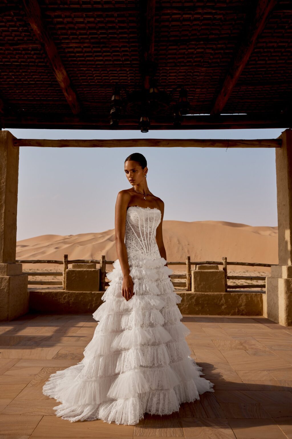 Νυφικό 66497 Lillian West Fit & Flare με Cat Eye ντεκολτέ και tiered ruffles - μπροστινή ολόσωμη όψη