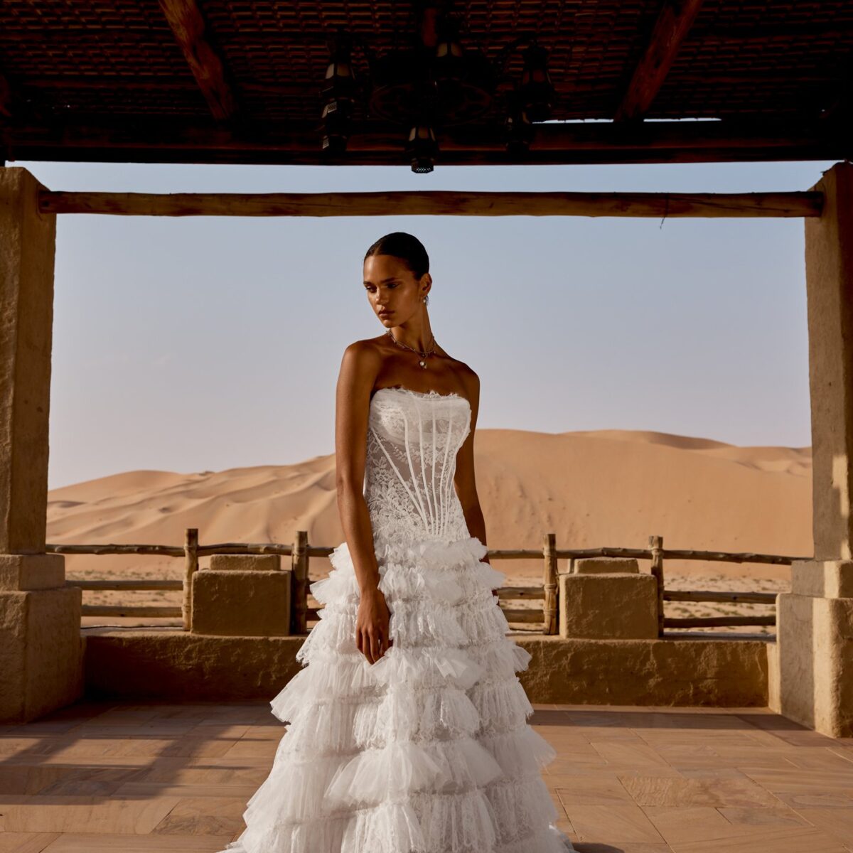 Νυφικό 66497 Lillian West Fit & Flare με Cat Eye ντεκολτέ και tiered ruffles - μπροστινή ολόσωμη όψη